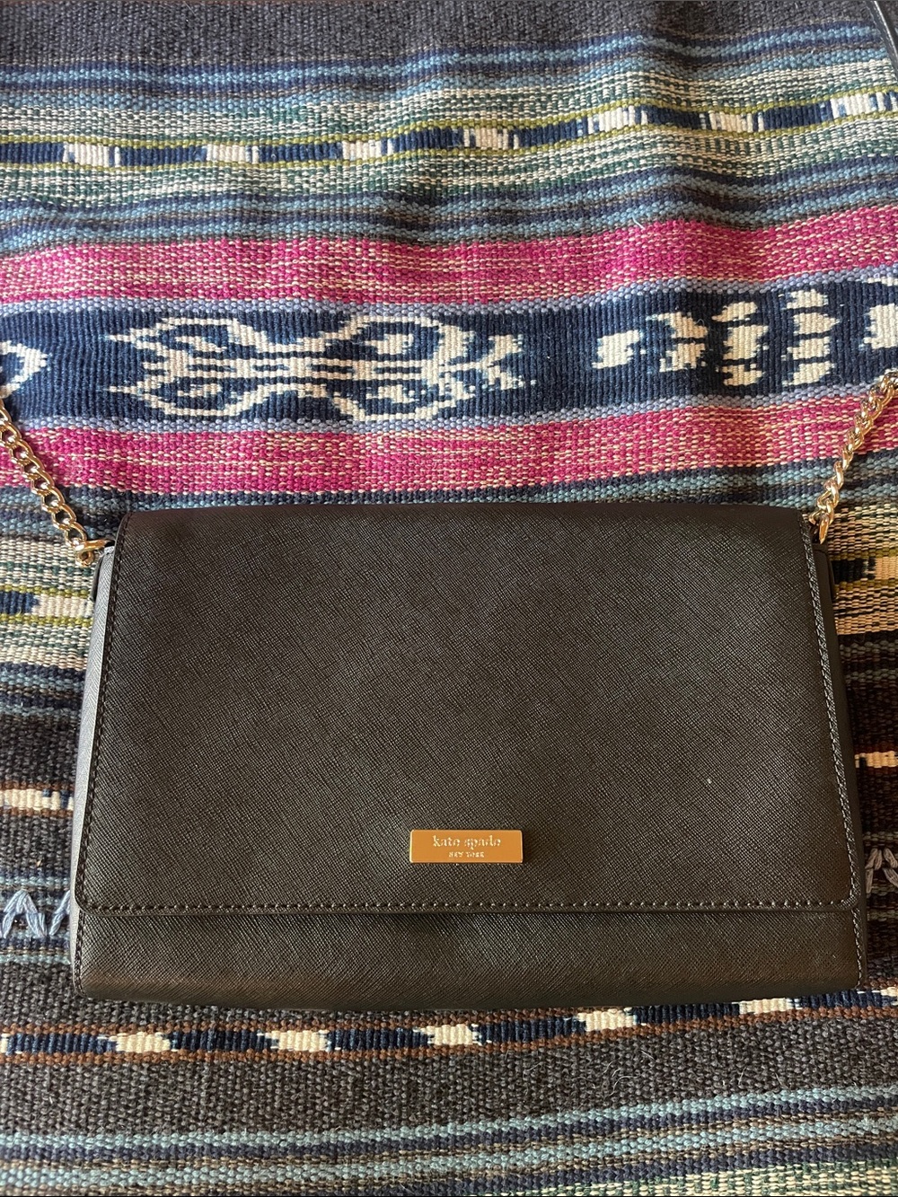 kate spade black leather crossbody with gold and leather strap